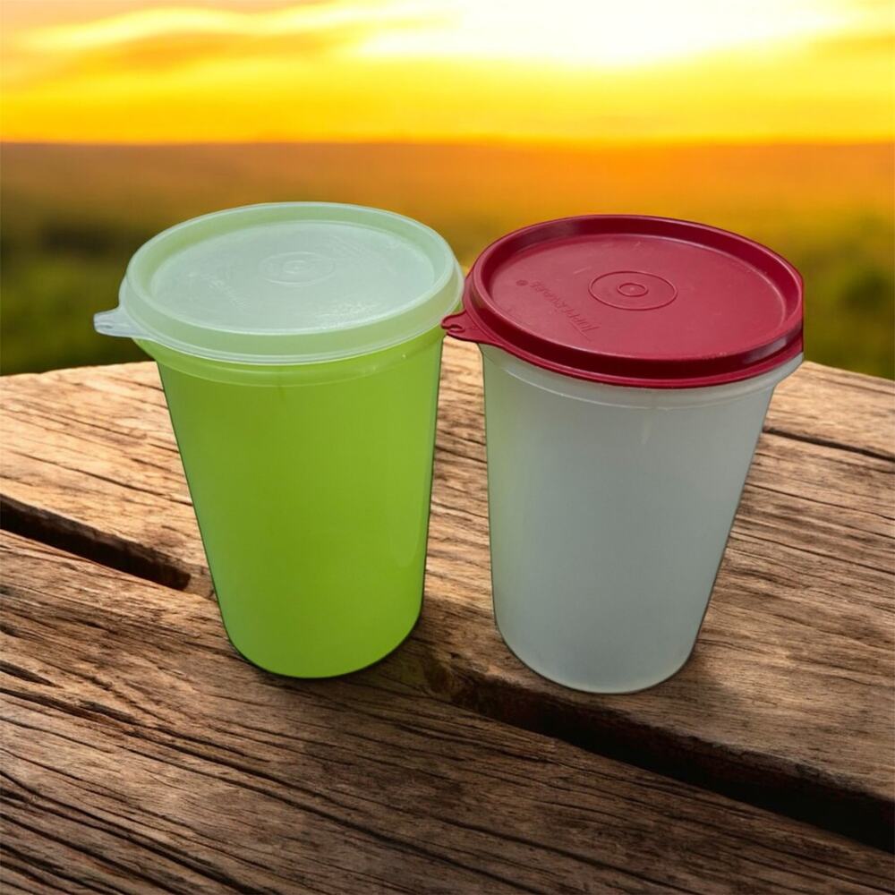 Tupperware Handolier 1 Qt Drink Pitcher 321 215 Lids Seals Red Yellow Lot 2 VTG